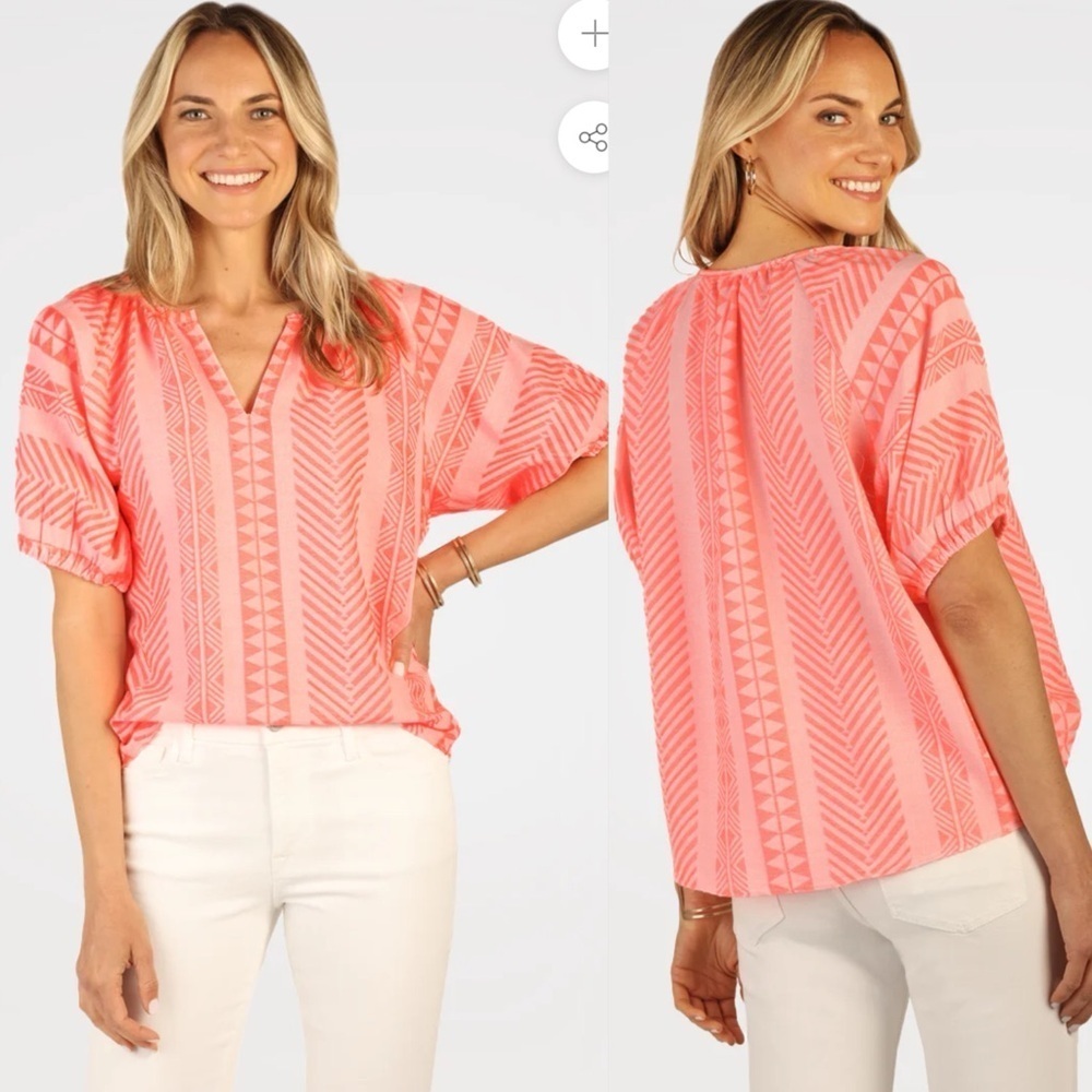 Dylan Petra neon pink and white split neck cotton blouse
